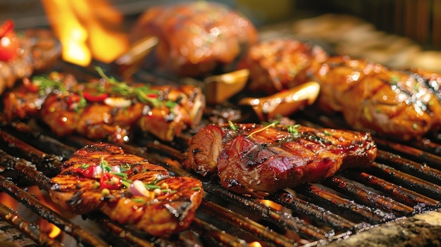 Photo des arômes délicieux flottent dans l'air alors que des viandes savoureuses grincent et se carbonisent sur le barbecue.