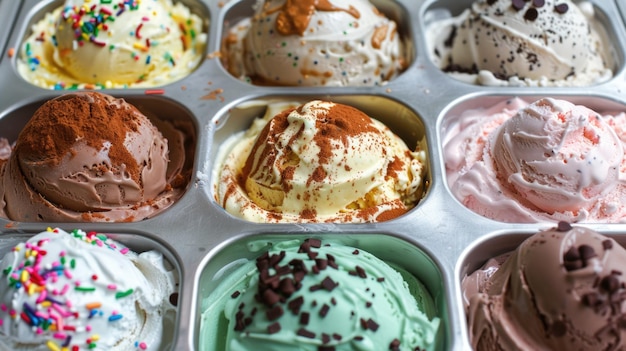 Des arômes variés de crème glacée dans des plateaux métalliques avec des garnitures Photographie alimentaire