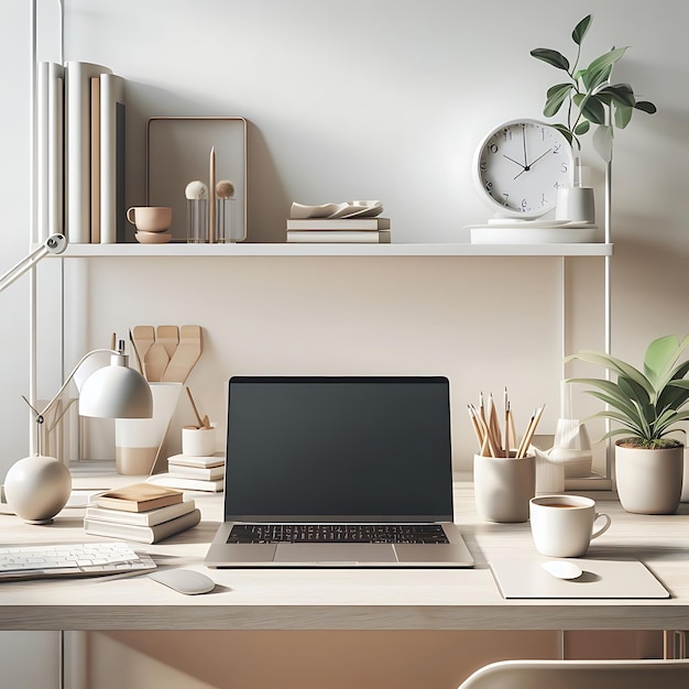 Photo arrangement de bureau de bureau moderne avec mise en place d'un lieu de travail portable