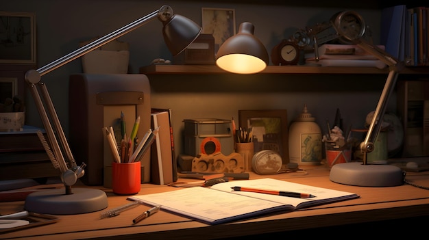 Arrangement de bureau avec support de stylo et lampe de bureau douce