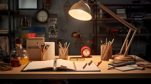 Arrangement de bureau avec support de stylo et lampe de bureau douce