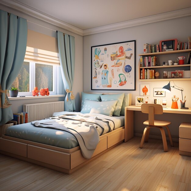 Arrangement de chambre petite et juvénile rendu en 3D