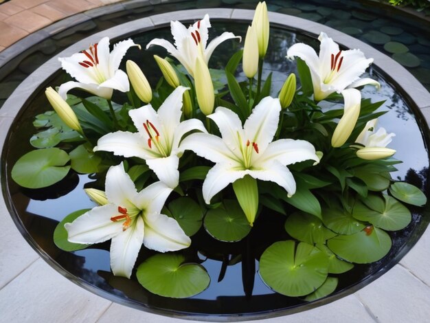 Un arrangement circulaire de lys blancs entourant une piscine réfléchissante