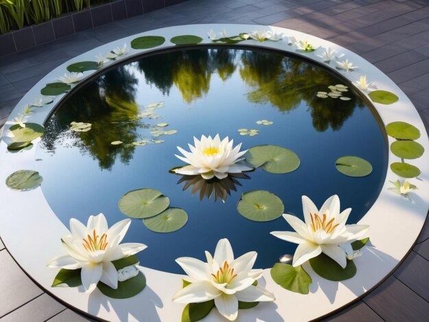 Un arrangement circulaire de lys blancs entourant une piscine réfléchissante