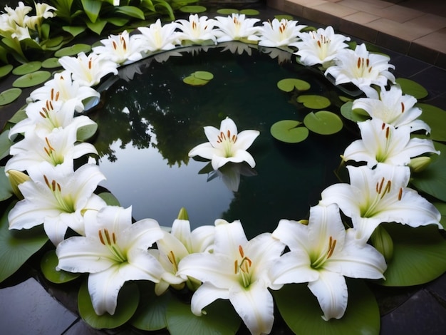 Un arrangement circulaire de lys blancs entourant une piscine réfléchissante