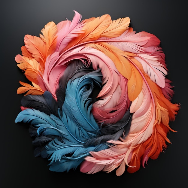 Un arrangement circulaire de plumes colorées sur une surface noire
