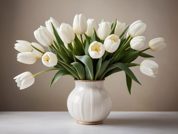 Un arrangement circulaire de tulipes blanches dans un vase vintage