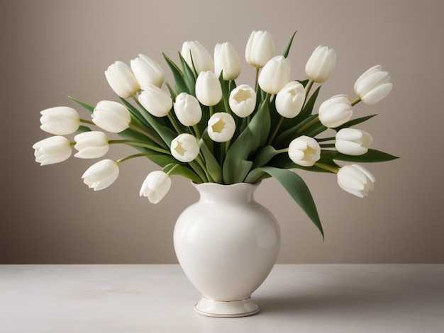 Un arrangement circulaire de tulipes blanches dans un vase vintage
