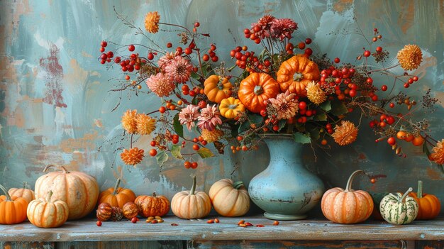 Arrangement de citrouille d'automne sur une table en bois rustique