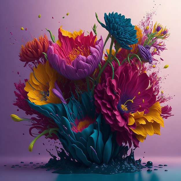 Un arrangement coloré de fleurs avec des éclaboussures de liquide