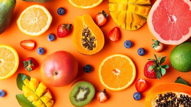 Un arrangement coloré de fruits frais sur un fond orange