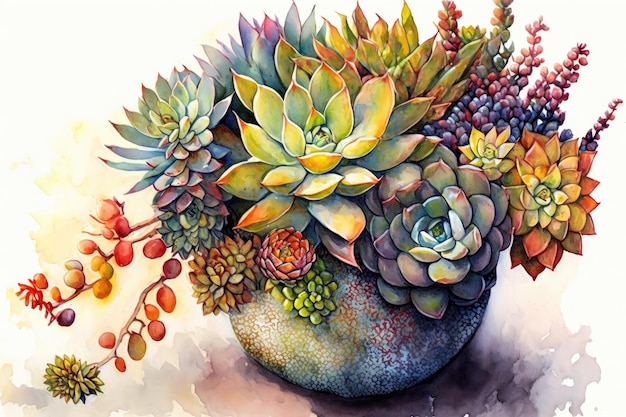 Arrangement coloré de plantes succulentes dans un vase à l'aquarelle