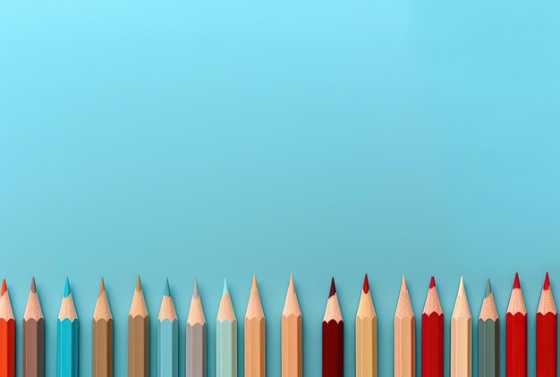 un arrangement de crayons de couleur sur fond bleu dans le style de brun clair et turquoise