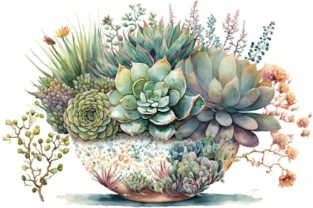 Arrangement créatif de plantes succulentes aquarelles dans un vase