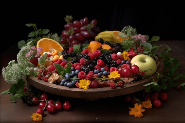 Arrangement culinaire créatif mettant en vedette des fruits, des légumes et des herbes frais créés avec de l'AI générative