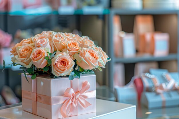 Arrangement élégant de roses de pêche dans une boîte-cadeau avec un arc à l'intérieur d'une boutique de décoration d'intérieur confortable