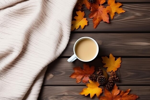 L'arrangement enchanteur de l'automne Des produits tricotés confortables Un thé chaud et le décor d'automne de la nature