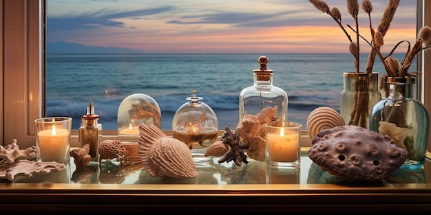 Un arrangement exquis de bouteilles de parfums, de bougies et de coquillages sur une surface donnant sur une vue calmante sur la mer à travers une fenêtre