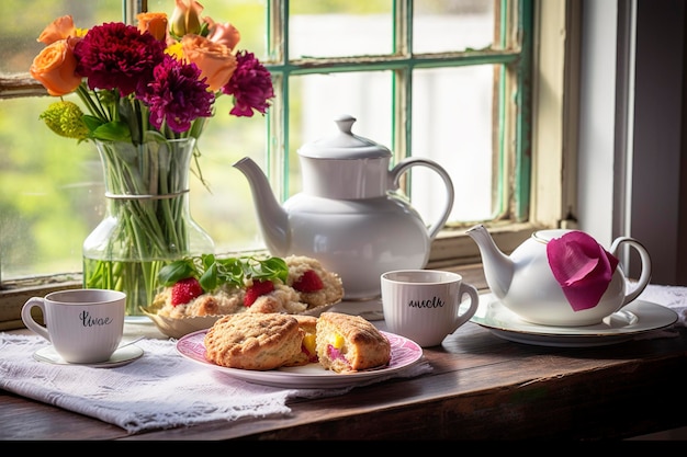 Un arrangement de la fête des mères avec du thé et des scones devant une fenêtre lumineuse génère ai