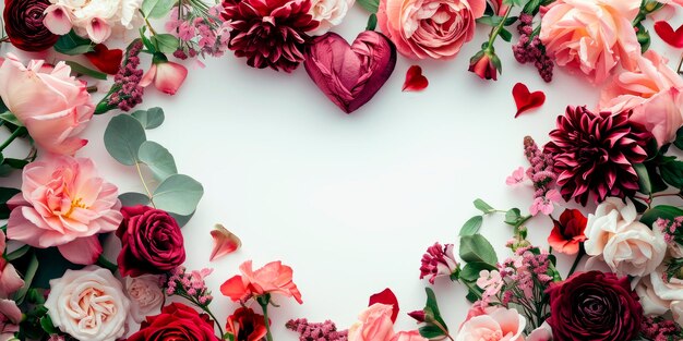 Photo un arrangement de fleurs charmant formant un cadre élégant parfait pour exprimer les sentiments de la saint-valentin sur un fond blanc ia générative