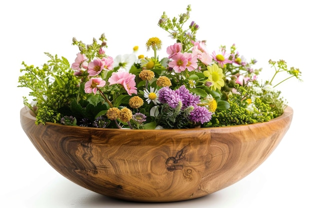 Arrangement de fleurs dans un pot en bois