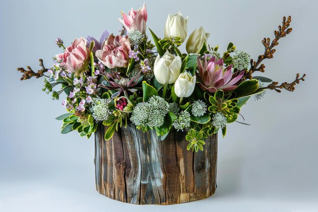 Photo arrangement de fleurs dans un pot en bois