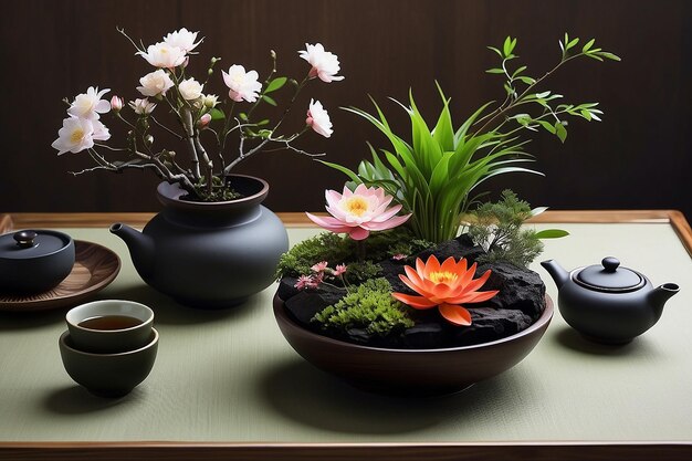 Un arrangement de fleurs d'ikebana japonaise sur une table à thé infuse tranquillité et art dans l'heure du thé