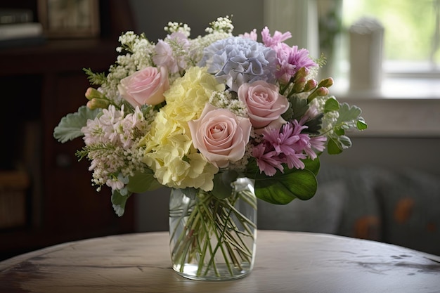 Arrangement de fleurs pastel dans un vase transparent offrant un cadre paisible et serein créé avec générat