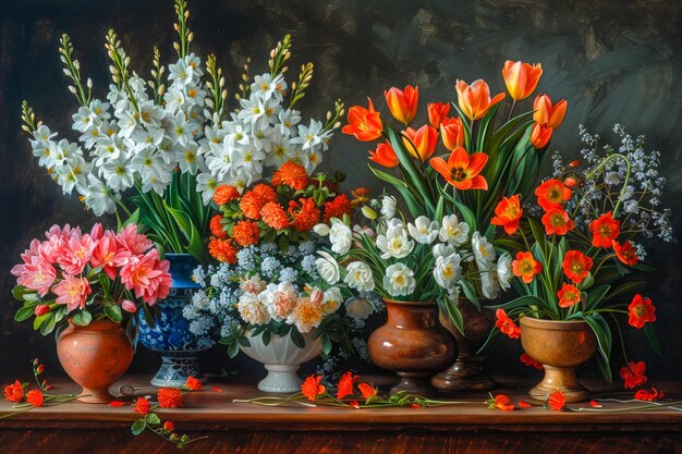 Arrangement de fleurs de printemps colorées sur un fond sombre Nature morte avec des tulipes et des fleurs de cerisier