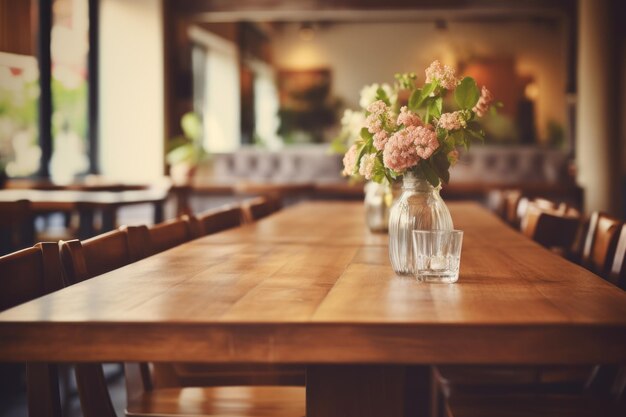 Photo un arrangement de fleurs roses dans un vase de verre sur une longue table en bois dans un restaurant