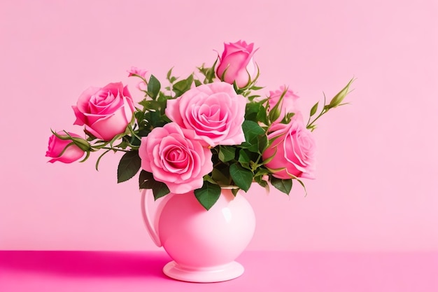 Arrangement de fleurs roses avec fond rose