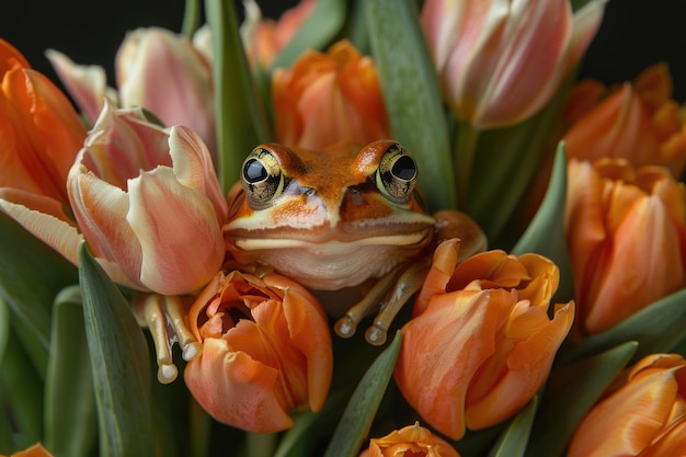 Photo arrangement de fleurs tulipes à grenouilles à épingles