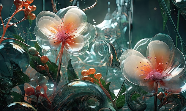 Arrangement floral artistique dans un vase en verre, des bulles et une sphère en verre, affichage floral de glassmorphisme élégant avec flottant, créé avec des outils d'intelligence artificielle génératifs.