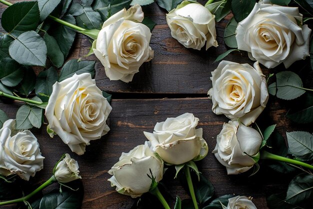 Arrangement floral de belles roses blanches sur fond de bois