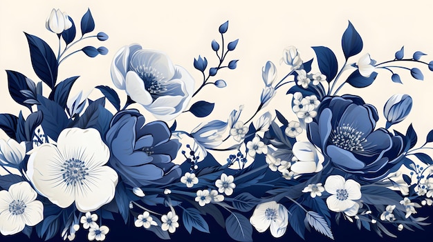 un arrangement floral bleu et blanc sur fond blanc Résumé fond de feuillage couleur saphir