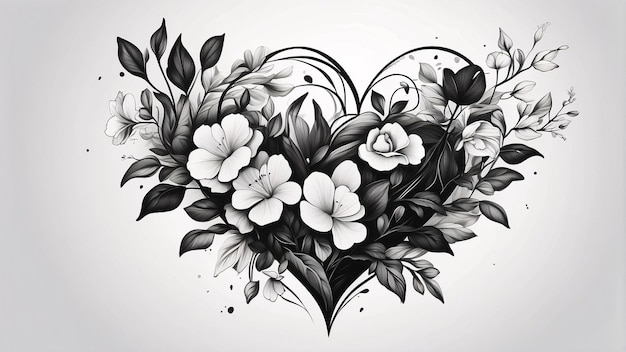 L'arrangement floral du cœur de l'amour Bouquet de fleurs noir et blanc Illustration Design de carte noire