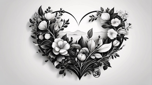 L'arrangement floral du cœur de l'amour Bouquet de fleurs noir et blanc Illustration Design de carte noire