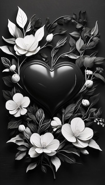 L'arrangement floral du cœur de l'amour Bouquet de fleurs noir et blanc Illustration Design de carte noire