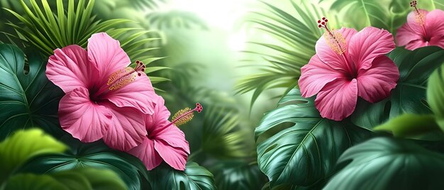 Arrangement floral avec des fleurs d'hibiscus roses et des feuilles tropicales