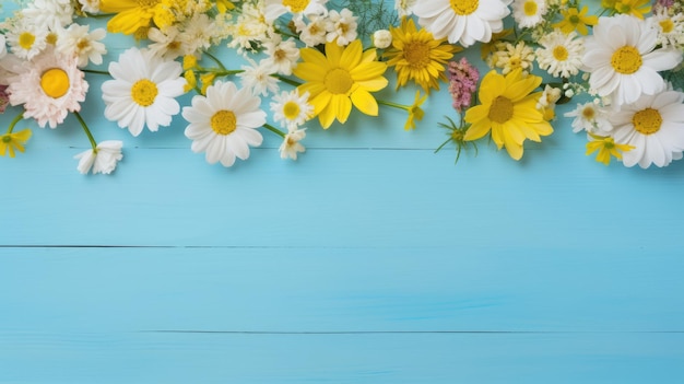 Arrangement floral de marguerites blanches et de fleurs jaunes éparpillées sur un fond en bois bleu vibrant