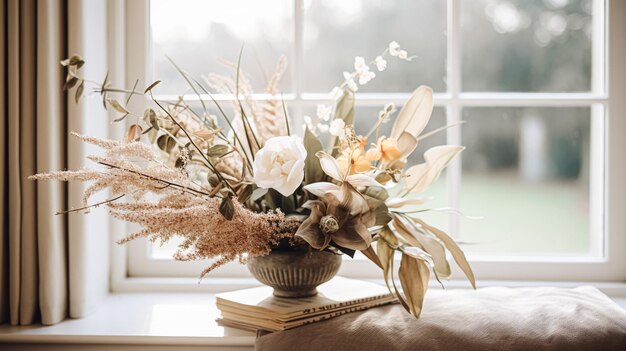 Arrangement floral avec des plantes et des fleurs botaniques d'hiver, d'automne ou du début du printemps