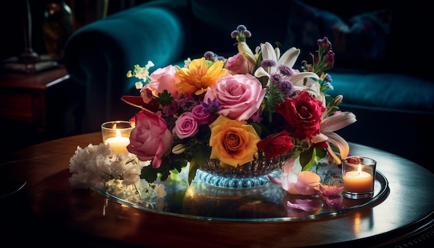 L'arrangement floral sur la table aux chandelles ajoute de la romance générée par l'IA