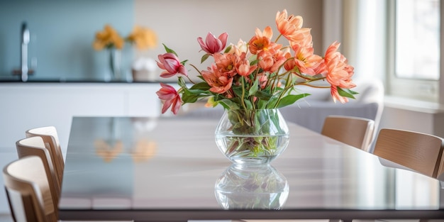 Arrangement floral sur la table avec des chaises en verre devant la cuisine élégante dans un appartement moderne