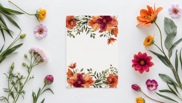 Arrangement floral avec une variété de fleurs colorées et de verdure sur un fond blanc