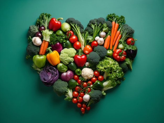 Arrangement en forme de cœur de légumes sur vert