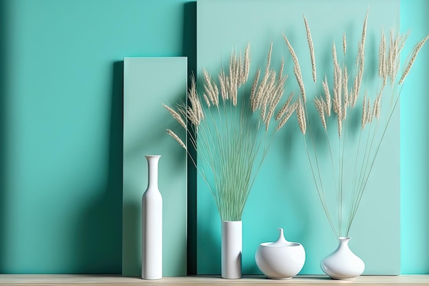 Arrangement d'herbe avec mur turquoise