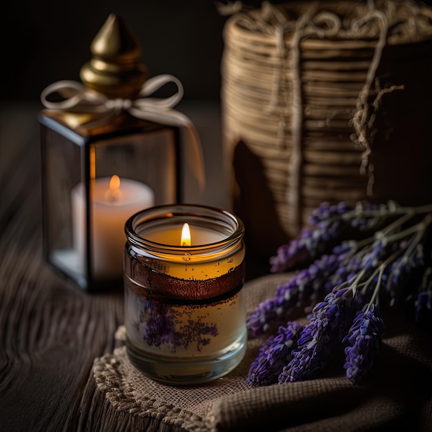 Arrangement d'inspiration espagnole avec des bougies parfumées à la lavande sur fond de bois