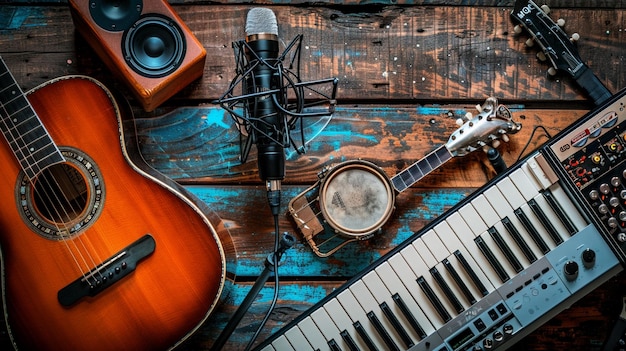 Photo un arrangement d'instruments de musique sur une table en bois