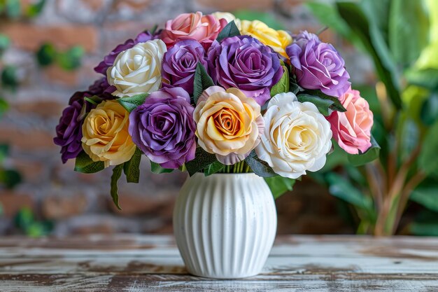 Un arrangement joyeux de roses artificielles colorées dans un vase blanc présentant un spectacle perpétuel de beauté sur une surface en bois