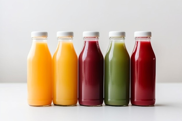 Arrangement de jus colorés dans des bouteilles en plastique